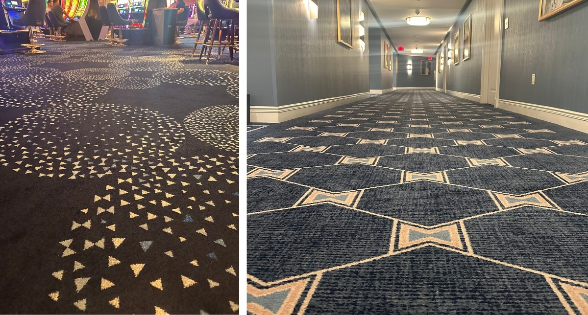 Left: Casino carpeting with tiny bowties throughout. Right: Hotel hallways with the bolder bowtie print.