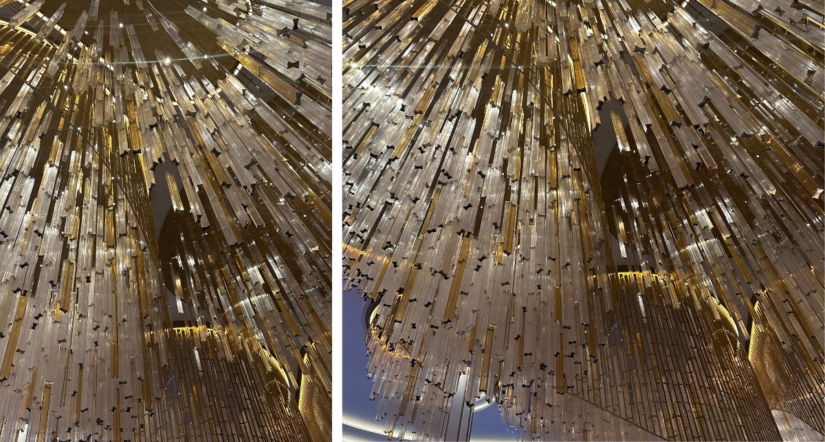 The hotel's crowning glory, it's massive chandelier with 1,200 glass columns cut into the hotels iconic bowtie shape.