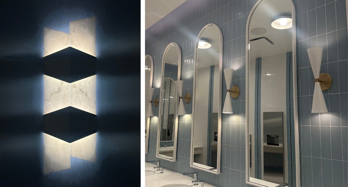 Left: Hotel hallway sconces with geometric forms in the lighting. Right: Pool bathroom with light fixtures using the bowtie shape