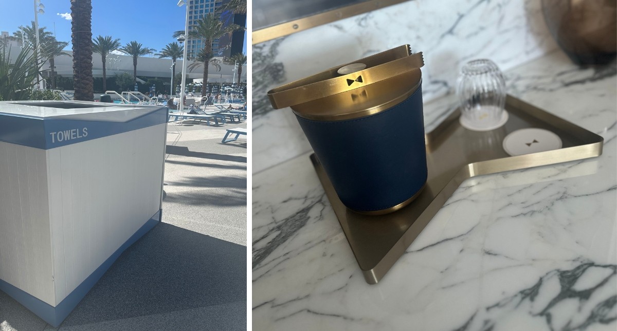 From the towel canisters to the mini bar trays, wherever possible, the bowtie theme was utilized
