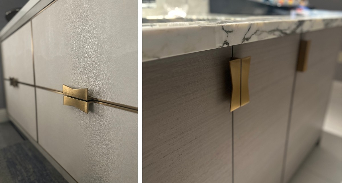 Custom cabinetry drawer handles that align to form the bowtie shape