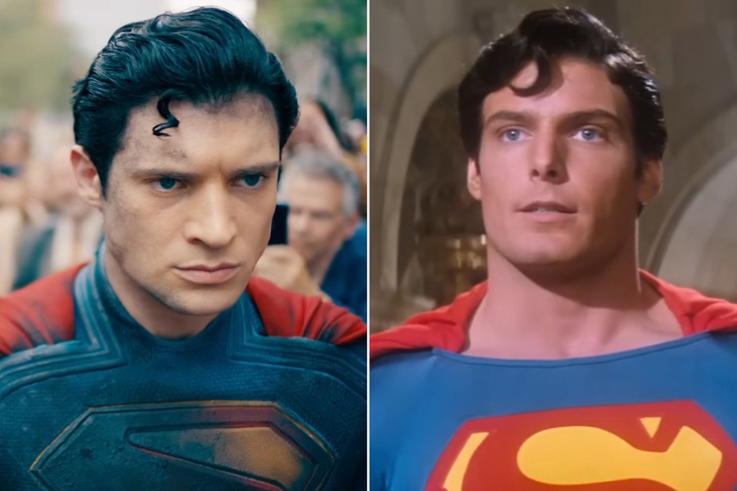 David Corenswet as Superman in 'Superman' (2025). ; Christopher Reeve as Superman in 'Superman' (1978). Credit: Warner Bros. / DC